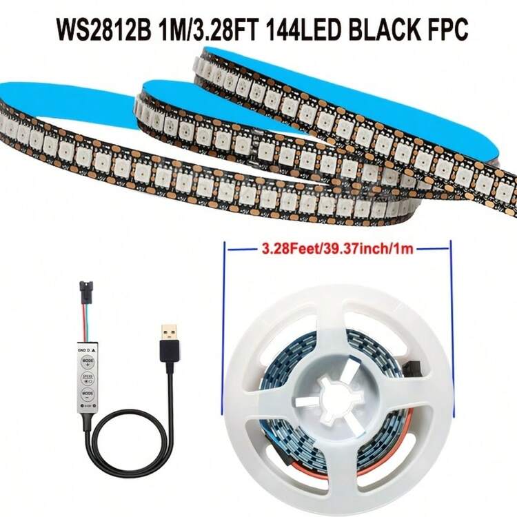 AOEVK 智慧 LED 燈條 4.92英尺 5050 RGB+IC 144LEDs/144Pixels/M - WS2812B 個別可定址，支援同步與追逐效果，5V USB 電視背光，適用於 60 吋、臥室/花園/婚禮/萬聖節/聖誕節牆面裝飾變色燈 - WS2812B BLACK Three-Key Controller - 查看 12
