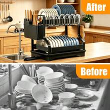 1PCS 2-Tier Carbon Steel Dish Drying Rack Dish Drainer Large Capacity With Drip Tray And Cutlery Holder, Space-Saving For Kitchen Counter - Black - View 5