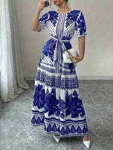 New 2026 Model: Floral A-Line Dress With Short Sleeves And Boat Neck, Elegant For Summer - 黑色 - 查看 6