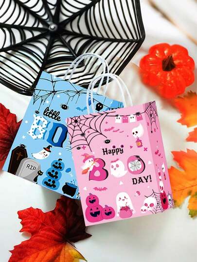 6/12pcs Halloween Paper Gift Bags With Handles, Blue And Pink Ghost Patterns, Party Gift Bags, Candy And Snack Bags, Halloween Birthday Party Supplies