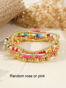 5 peças/Conjunto Pulseira de Contas Redondas de Pérola Turquesa em Cruz de Verão para Mulheres, Pulseira de Argila Simples para Mulheres, Conjunto de Pulseira de Contas Douradas Empilháveis Simples para Mulheres - Colorida - Visão 10