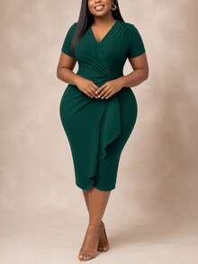 Women's Elegant Casual Vacation Party Wedding Date Office Commute Short Sleeve V-Neck Wrap Ruffle Hem Midi Dress, Spring/Summer - Dark Green - View 4