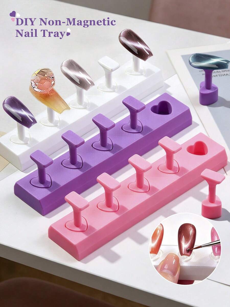 Beautizon Nailartlab 5Pcs Non-Magnetic Nail Art Practice Base, Pink Purple White 3 Colors Available, Built-In Heart-Shaped Storage Slot, Can Firmly Fix Nail Tips. Convenient For Beginners To Practice Painting, Nail Art And Rhinestone Application, Also Used To Display Nail Art Works, Non-Slip Base Not Easily Displaced, Soft Material Does Not Damage Nail Tips, A Practical Tool For Nail Art Learning And Work Display - Multicolor - View 1