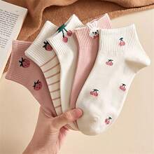 5/10 Pairs Women's Short Socks, Cute Pink Cherry Strawberry Rabbit Pattern, Comfortable Breathable Casual Street Style Design, Suitable For All Seasons - Multicolor - View 5