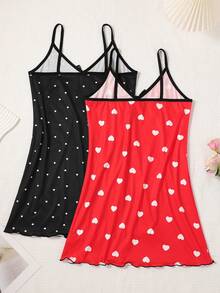 2pcs/Set Sexy V-Neck Spaghetti Strap Nightgown For Women, Spring/Summer New Short Loungewear Dress, Soft Comfortable Fabric Non-Irritating - Multicolor - View 2