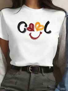 Camiseta casual para mujer con estampado de corazón, tela de alta calidad, cuello redondo, ajuste cómodo, artístico - Blanco - Ver 1