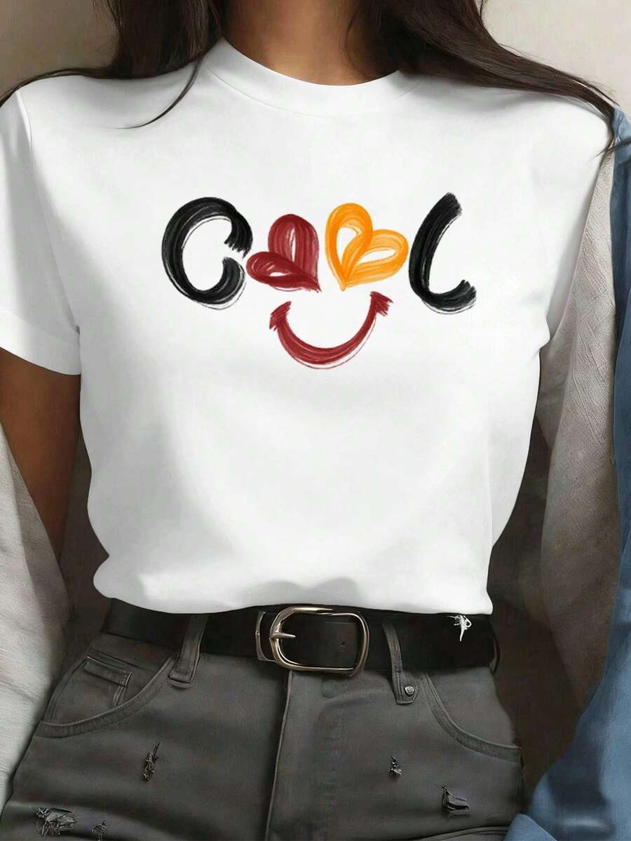 Camiseta casual para mujer con estampado de corazón, tela de alta calidad, cuello redondo, ajuste cómodo, artístico - Blanco - Ver 1