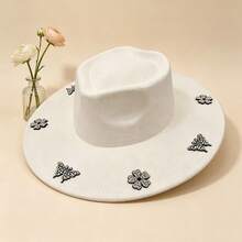 Elegant  Felt Hat With Sparkly Rhinestone Butterfly  Flower Details For Daily  Vacation Outfits - White. - View 2