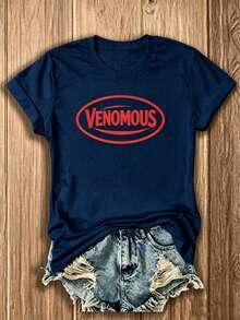 Double Sided Graphic Women's T-Shirt, Red Venomous Snake Floral Print, Classic Americana 100% Cotton Unisex Tee, Casual Everyday Summer Top - 藏青色 - 查看 4