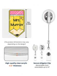 1Pc Custom Text Pencil Badge Reel, Personalized Teacher Name Acrylic Retractable ID Holder, 4 Colors, Durable Clip; Ideal Gift For Teachers - Multicolor - View 6