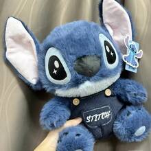 MINISO Disney Lilo And Stitch 絨毛玩偶，吊帶褲風格可愛掌心玩偶，毛茸茸觸感與刺繡細節，柔軟玩具，適合所有年齡層女孩的 Stitch 絨毛禮物 - 藏蓝色 - 查看 2
