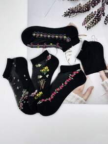 1/5 Pairs Random Women's Short Socks, Black Crystal Silk Embroidered Floral Pattern Glass Silk Thin Breathable Moisture-Wicking Fashion Socks, Suitable For Daily Wear - Multicolor - View 4