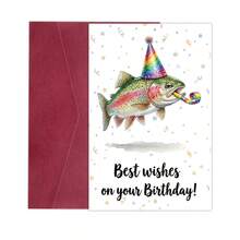 1張趣味魚類生日卡附信封，可愛水彩鱒魚派對帽賀卡，幽默釣魚主題生日卡，適合釣魚愛好者、爸爸、朋友與男性 - A - 查看 2