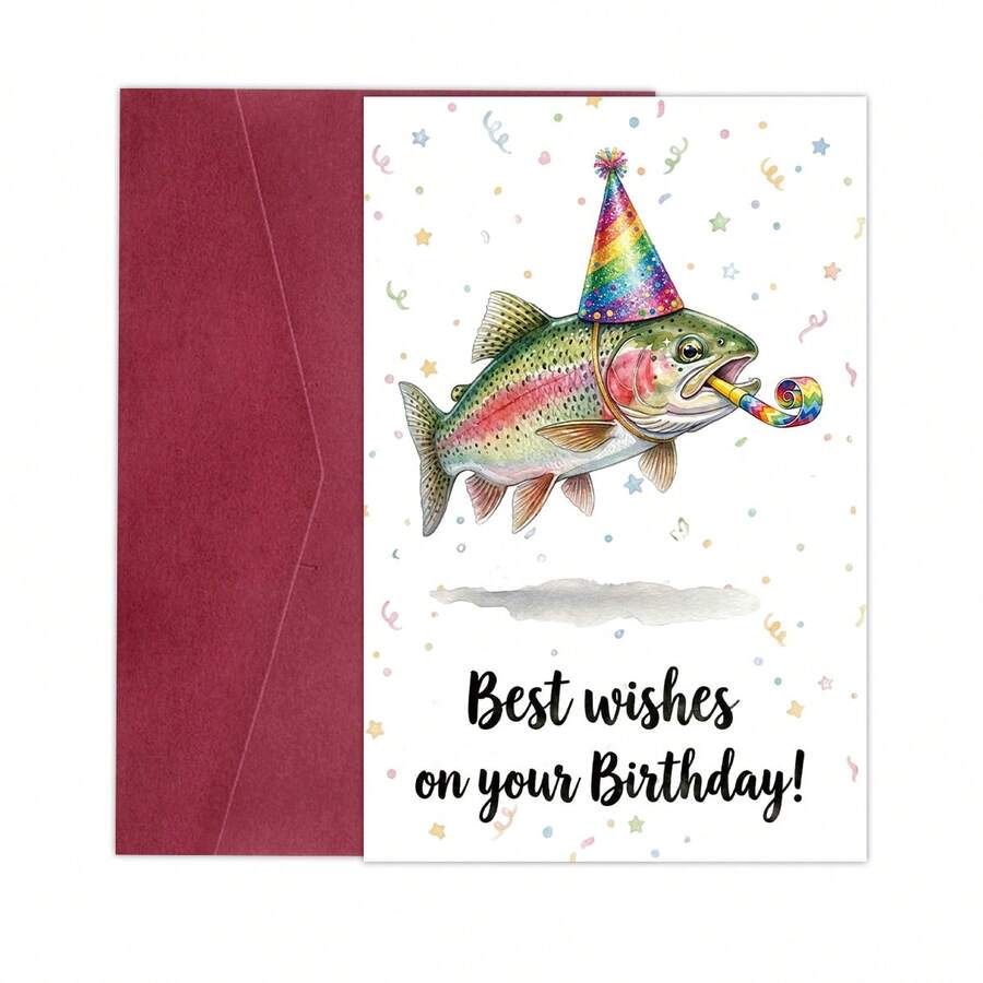 1張趣味魚類生日卡附信封，可愛水彩鱒魚派對帽賀卡，幽默釣魚主題生日卡，適合釣魚愛好者、爸爸、朋友與男性