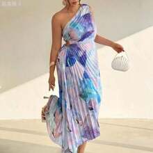yonghongmaoyi1  Vestido sin mangas con estampado floral teñido anudado y bajo asimétrico, estilo de vacaciones para mujer de talla grande - Morado - Ver 1