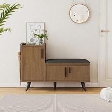 Modern Shoe Bench/Shoe Chest/Bench With Three Storage Doors, Asymmetrical Metal Handles And Multiple Storage Levels - Natural - 查看 6