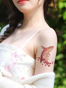 1 Pc Floral Marine Whale Tattoo, Waterproof Fake Tattoo Sticker, Minimalist Nature Lover Body Art For Women - Multicolor - View 4