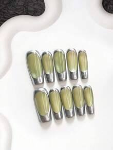 10件組前衛金屬感穿戴式美甲片，凝膠質感表面，大膽綠色設計，附美甲工具，3種尺寸可選：杏仁形/鴨嘴形/棺材形，適合派對、跳舞、日常配戴 - 彩色 - 查看 13