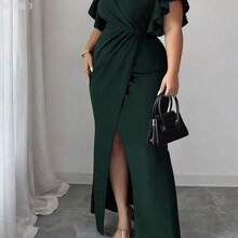 yonghongmaoyi1 Vestido largo de mujer talla grande de cuello en V verde profundo, vestido de noche elegante con mangas cortas con volantes, cintura cruzada y abertura alta, - Rosa - Ver 6