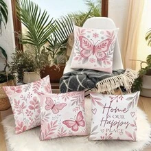 MEMNUN 4pcs Peach Grey Bohemian Butterfly Floral Heart Text Print Pattern Throw Pillow Covers [Pillow Insert Not Included] 45*45cm/50*50cm/40*40cm [Single-Sided Print] "Home Is Our Happy Place" Warm Slogan Pink Romantic Floral Cushion Covers Room Decor, Home Decor, Bedroom Decor, Room Decoration Stuff For Sofa, Bed, Living Room, Bedroom, Car, Office, Hotel Decoration Throw Pillow Covers All Seasons Suitable Perfect Gift For Family And Friends - Multicolor - View 7