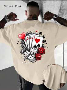 Camiseta de primavera para hombre,% estampada, cuello redondo, lavable aáquina, adecuada para uso diario casual y senderismo, estilo urbano, con cuatro cartas de juego (corazón, pico, - Blanco - Ver 7