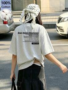 日式女款寬鬆圓領字母印花短袖T恤，夏季休閒 - 淺花灰 - 查看 4