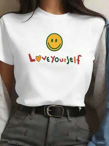 Camiseta con dise?o de sonrisa de mujer, primavera, 100% algodón, ajuste holgado, transpirable, casual, dise?o gráfico único - Blanco - Ver 1