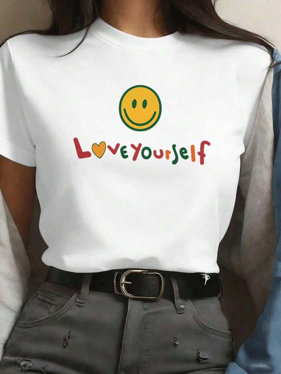 Camiseta con dise?o de sonrisa de mujer, primavera, 100% algodón, ajuste holgado, transpirable, casual, dise?o gráfico único - Blanco - Ver 1