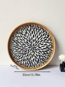 1 pieza Cesta de almacenamiento de ratán con base de madera incrustada de concha de perla, bandeja de servicio para decoración del hogar, sin contacto con alimentos - Amarillo - Ver 28