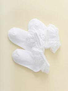 3 pares de calcetines con ribete de encaje, calcetines blancos, calcetines de estudiante, versátiles para todas las estaciones, calcetines de princesa - Blanco - Ver 4