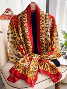 1PC Women's Faux Silk Elegant Vintage Leopard Print Pattern Printed Spring/Summer Fashion Versatile Sun Protection Shawl Travel Scarf Daily Matching Decoration - Red - View 2