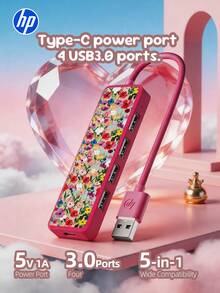 HP 4合1擴充塢，即插即用，附Type-C充電適配器2.0分接器USB集線器，相容Apple筆電轉換器，支援4K投影PD充電，4合1擴充塢，手繪油畫花卉風格(USB2.0*4, Type-C*1)，夏季禮物 - 查看 3