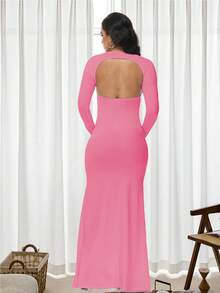 Maternity Fitted Backless Dress, Maternity Hollow Square Neck Long Dress, Suitable For Photography, Baby Shower Parties, Long Sleeve Design Spring Pink - Pink - View 2
