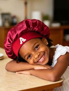 1 Pc A-Z Letter Hats Kids' Bonnet Hat Set Elastic & Printed & Comfortable Headwear Sleeping Cap - Burgundy - View 2