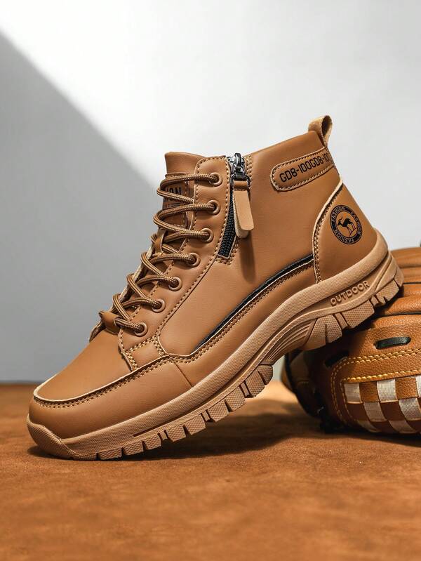 Men's High-Top Leather Riding Boots 2026 New Style All-Season PU Leather Work Shoes Lace-Up Hiking Men's Sports Shoes Casual Short Boots Side Zipper Design Outdoor Hiking Shoes Retro Color Hiking Boots