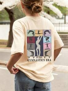 青少年女孩寬鬆版型短袖T恤，體操圖案，柔軟舒適面料，適合青少年女孩旅行、度假、戶外運動、日常穿著，春夏季時尚款 - 杏色 - 查看 2