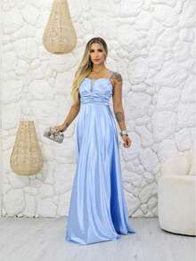 Long Party Dress With Satin Fabric And Slit For Bridesmaids Wedding - Serenity Blue - View 6
