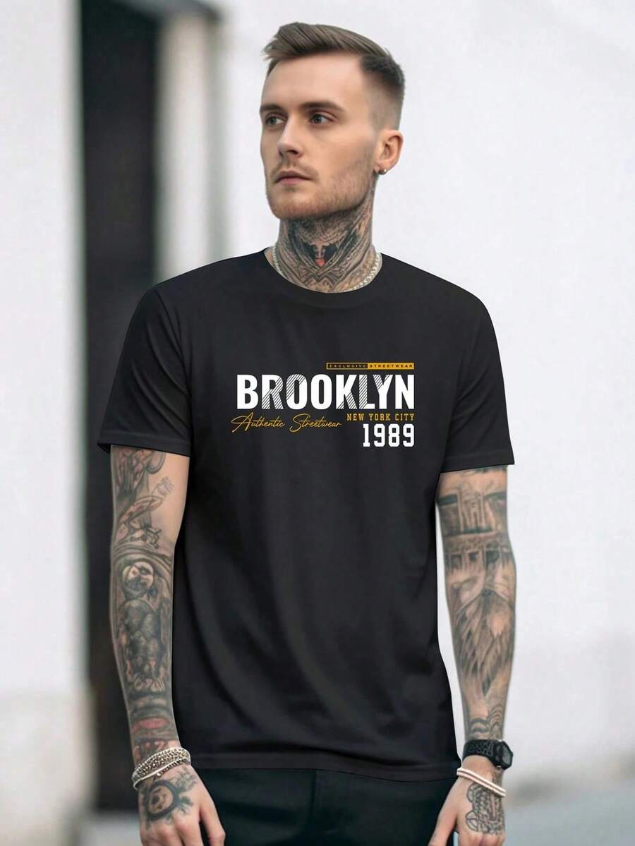 Men's T-Shirt With Letter Print - Black - View 1