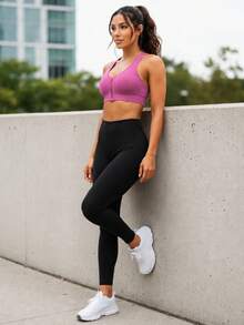 High-Compression Ribbed Top With Front Zipper And Removable Padding. - Sıcak Pembe - Görünüm 2