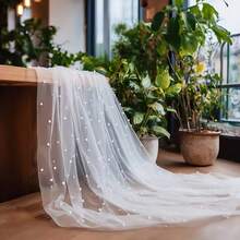 1pc Pearl White Mesh Fabric With Pearl Embellishments, Translucent Wedding Backdrop Curtain, Decorative For Wedding Dress, Wedding Party Decor, Photography Backdrop, Tablecloth, Table Runner, Banner, Gift Wrapping, Elegant Beaded Mesh Suitable For DIY Crafts, Ceremony Decor, Bridal Shower, Home Decor, Event Backdrop - White Pearl - View 7