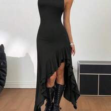 Yunuo Menswear Vestido sin mangas con volantes y bajo asimétrico de unicolor para mujer - Rosa - Ver 6
