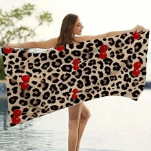 Leopard Print Cherry Pattern Microfiber Beach Towel, Absorbent Quick-Drying Non-Shedding Bath Towel, Beach Swimming Vacation Towel - A - View 2