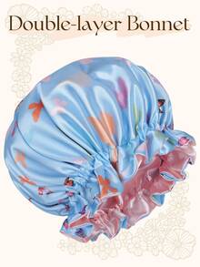 Gorro de dormir de satén de doble capa con bloques de color, gorro para peluca - Mariposa grande de color azul claro y rosa claro - Ver 4