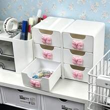Thickened 3-Grid Plastic Drawer Organizer With Bow-Shaped Lid Compatible For Home/Office Desktop Storage Box, Multi-Functional Partition Design Dressing Table Jewelry Holder, Space-Saving Drawer Organizer Suitable For Home Or Office Desktop Storage - White - View 5