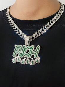 Unisex Hip Hop Cuban Chain Fashion Rhinestone English RICH Dollar Sign Pendant Necklace, Best Gift For Friends And Family - Multicolor 4 - View 9