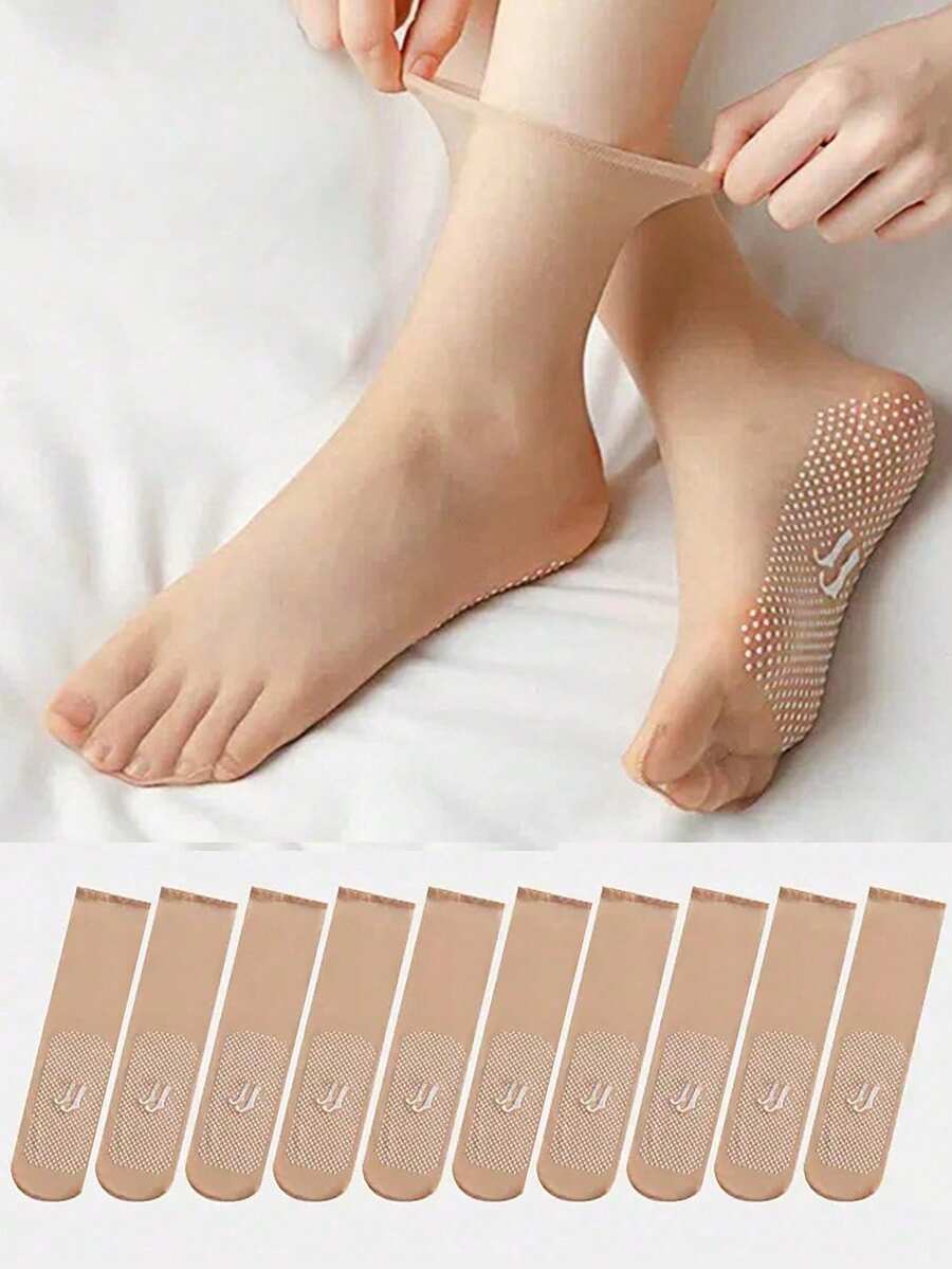 1 Pair/10 Pairs/5 Pairs/20 Pairs/30 Pairs Pack, Silicone Dotted Anti-Slip Seamless Ultra-Thin Transparent Glass Stockings For Women, Anti-Slip Toe, Short Length, Anti-Snag, Wear-Resistant, Invisible Crystal Socks, Mid-Calf 5D Seamless Steel Wire Ultra-Thin Ice Silk Invisible Short Stockings, Mask Socks, Anti-Slip Crystal Dotted Stockings - Apricot - View 1