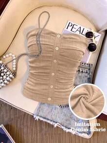 Top de mujer elegante con efecto de mezclilla, decoración de botones y drapeado - Caqui - Ver 1