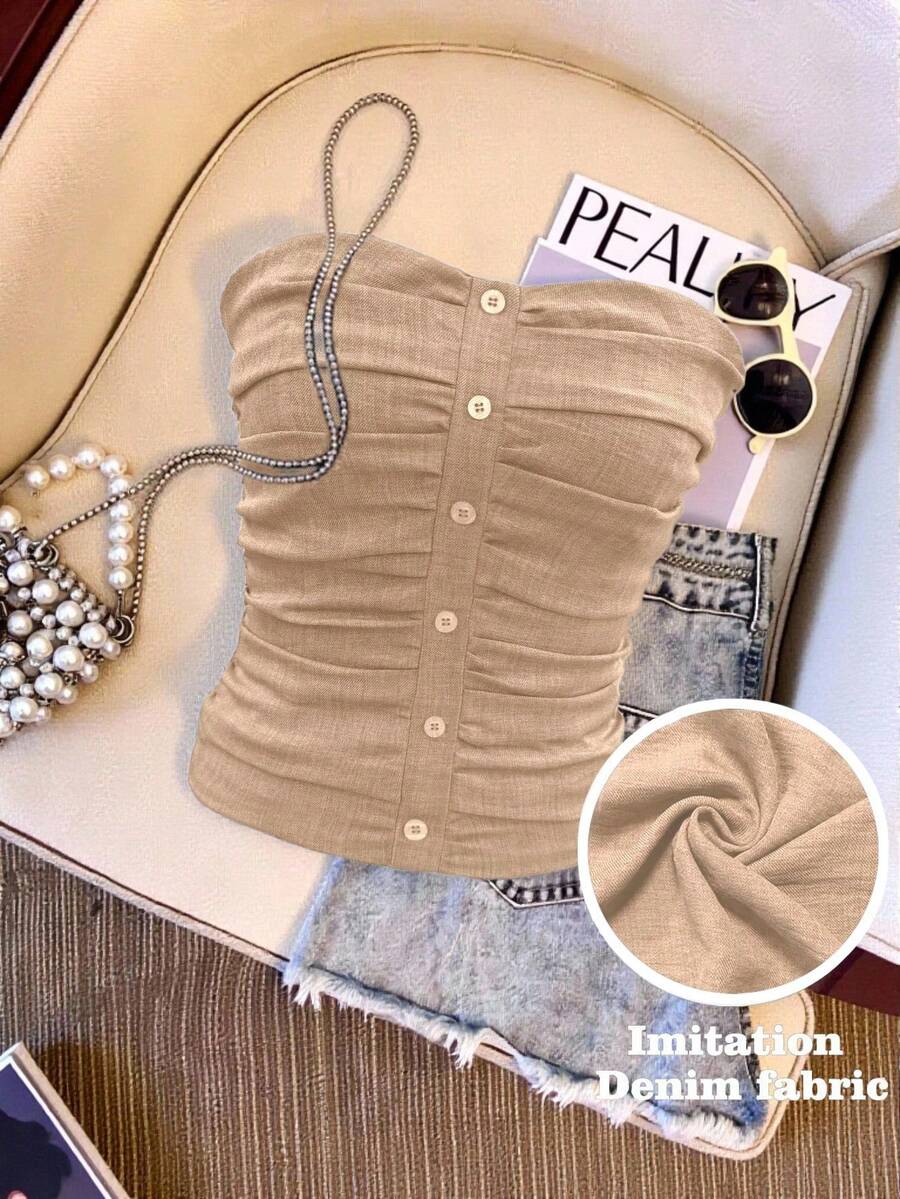 Top de mujer elegante con efecto de mezclilla, decoración de botones y drapeado - Caqui - Ver 1