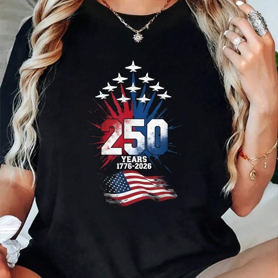 Cotton 50 Years An 776 06 4th Of July 50th USA Patriotic T-Shirt 's Wo's Soft Breathable Tee Classic Fashion Summer Tops Printing Short Sve T-Shirt - Negro - Ver 1