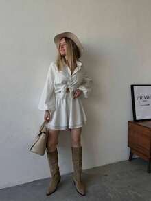 Women's Casual Long-Sleeved Ruffled Shorts Set - 白色 - 查看 2